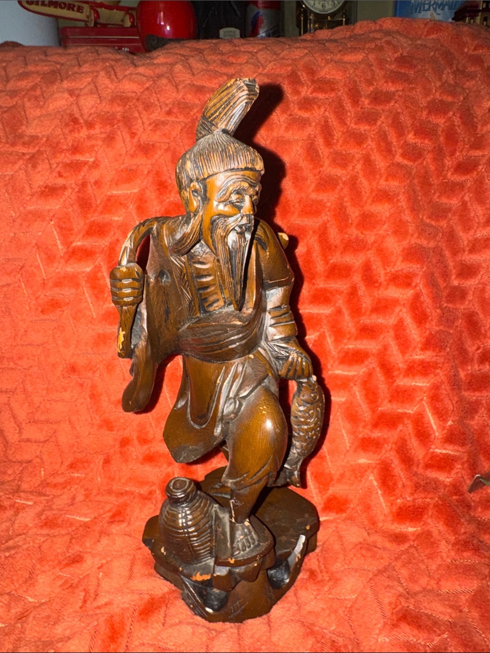 Vintage Hand-Carved Wooden Fisherman Figurine | Large Asian Folk Art Old Man wit